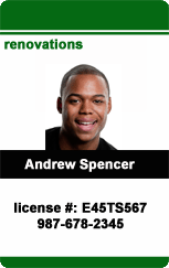 Template for renovations company ID card featuring a smiling man. Card includes durable PVC, waterproof, wear resistant features, and added security holographic overlay option