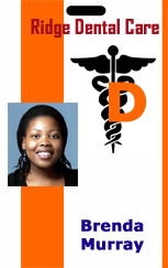 Template ID badge for Ridge Dental Care displaying a smiling woman, medical caduceus, "D" initial, and blue text. Durable PVC, 40mil thick option, waterproof, clear overlay option