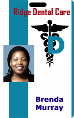Template ID card for Ridge Dental Care features a caduceus symbol, photo of a smiling woman, and printed name at the bottom; wear resistant, durable PVC, NFC near-frequency field option
