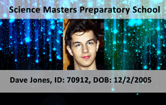 Template ID card for Science Masters Preparatory School featuring photo, student info, and clear overlay option. Durable PVC, waterproof, and bend resistant