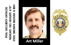 Template ID badge displays a security officer’s image, physical details, gold badge on right; waterproof, durable PVC, bend resistant, clear overlay option