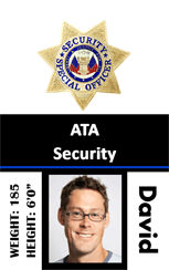 Template ID badge for security officer, features photo, height 60, weight 185 lbs, security icon at top; durable PVC, waterproof, bend resistant