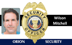 Template ID card featuring a man's photo, gold badge, and Orion Security branding; durable PVC, 40mil thick option, waterproof with clear overlay option