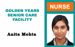 Template id badge for Golden Years Senior Care Facility featuring NURSE in orange, headshot, clear overlay option, waterproof, durable PVC, wear resistant