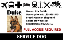 Template ID card for service dog Duke, a brown and black German Shepherd. Features registration, clear overlay option, waterproof, FULL ACCESS REQUIRED text. Wear resistant badge
