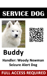 Service dog ID badge template featuring a fluffy white dog, QR code, and text for handler/alert purposes. Full access required at the bottom. Wear resistant, waterproof, 40mil thick option