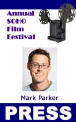 Template for an event id card: Annual SOHO Film Festival PRESS badge with film projector graphic, man's photo, bold "PRESS", durable PVC and 50 mil thick option