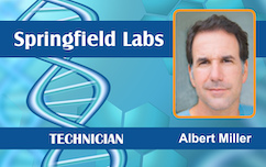 Template ID badge for Springfield Labs with DNA graphic, TECHNICIAN title, headshot, and clear overlay option; made from durable PVC, waterproof, 40mil thick