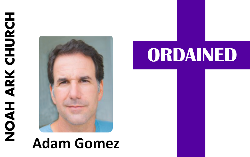 Template id card for a church, with side label “NOAH ARK CHURCH”, photo slot, name section, large purple cross marked “ORDAINED”; waterproof and 40mil thick option