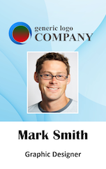 Template ID badge with a circular logo, COMPANY text, photo and name details. Features durable PVC, 40mil thick option, wear resistant, and added security holographic overlay option