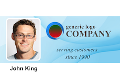 Template company ID badge with man’s headshot in glasses, generic logo, serving customers since 1990, wear resistant and waterproof, clear overlay option