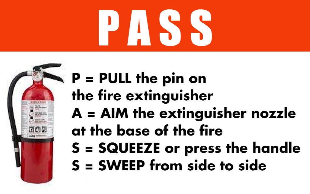 Template ID card featuring a fire extinguisher with clear PASS steps: Pull pin, Aim base, Squeeze handle, Sweep side to side; durable PVC, wear resistant, 40mil thick option