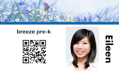 Template design ID card with floral border, QR code, "breeze pre-k" text, smiling woman with straight dark hair. Durable PVC, waterproof, clear overlay option