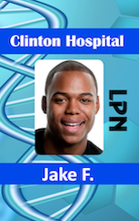 Template ID badge for Clinton Hospital featuring a photo of a smiling man, titled LPN on a blue background with DNA strand graphics, 40mil thick durable PVC, bend resistant