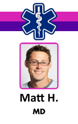 Template ID badge with a blue medical symbol, professional headshot, and name below image; purple stripes at the top. Durable PVC, waterproof, 40mil thick option