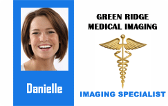 Template ID badge showcasing a woman smiling, labeled as Imaging Specialist for Green Ridge Medical Imaging, gold caduceus symbol; durable PVC, waterproof, added security holographic overlay option
