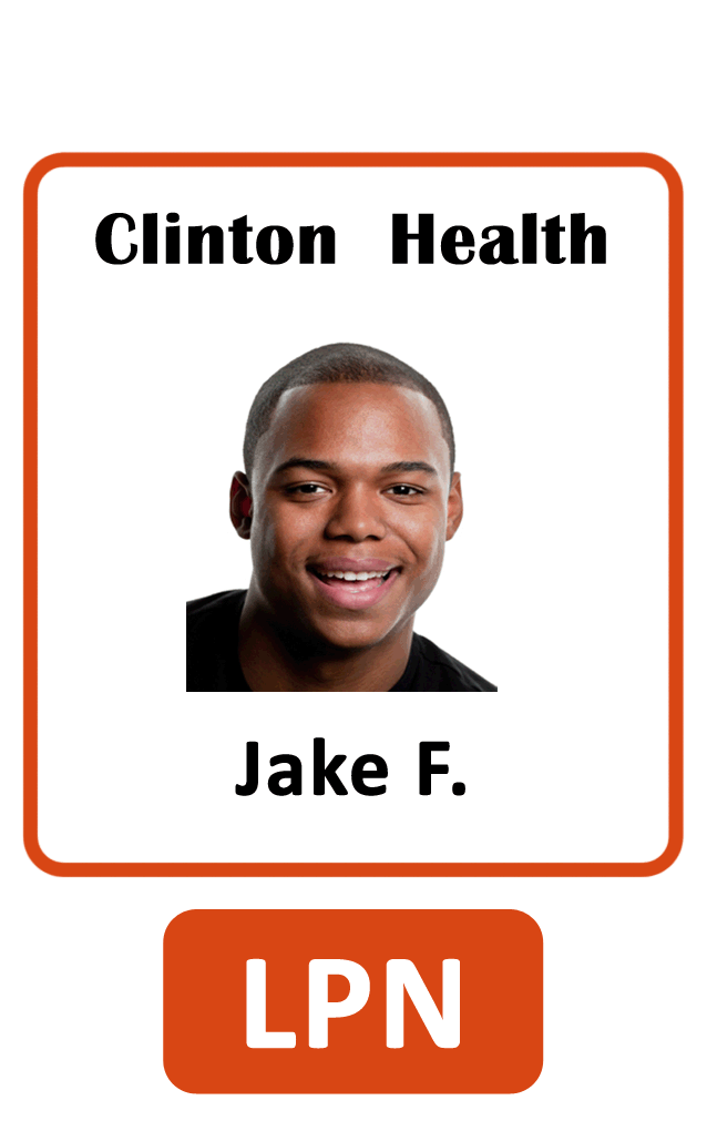Template ID badge featuring "Clinton Health" at the top, a headshot of a smiling man, "Jake F." below, LPN highlighted at the bottom; waterproof PVC card, clear overlay option