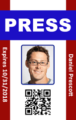 Template id badge with headshot of man in glasses, labeled for press, QR code bottom, expiry date 10/31/2018, wear resistant, 40mil thick option, clear overlay option