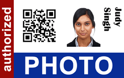 Template ID card featuring a QR code, a woman’s headshot, "authorized" in red, and a clear overlay option. Durable PVC, wear resistant, and 40mil thick option