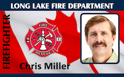 Template ID card for Long Lake Fire Department displaying a red fire rescue emblem, Canadian flag, firefighter portrait; waterproof, clear overlay option, wear resistant