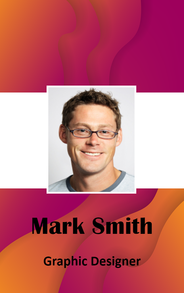 Template id card featuring a smiling man with short brown hair and glasses; "Graphic Designer" text below on a pink-orange abstract background. Durable PVC, bend resistant, 40mil thick option