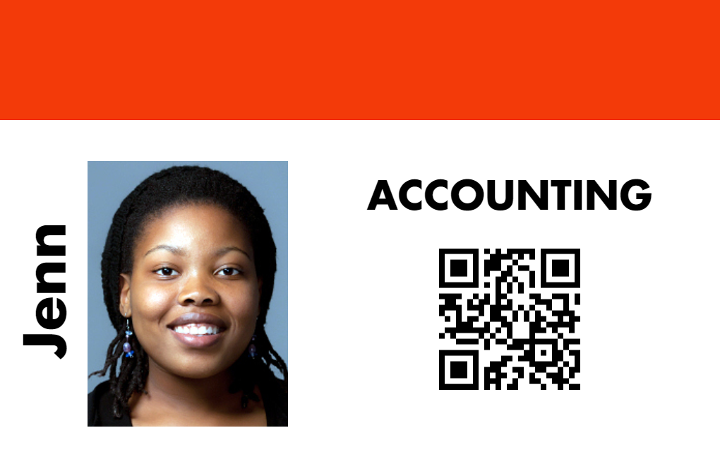 Template ID card featuring a headshot, name on the left, ACCOUNTING on right, and QR code. White and orange background. Durable PVC, waterproof, clear overlay option