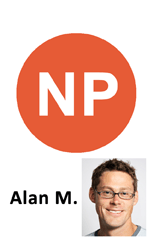 Template id card featuring an orange circle with white NP initials above a headshot of a man with short brown hair, glasses, and a slight smile; text reads Alan M. Durable PVC, waterproof
