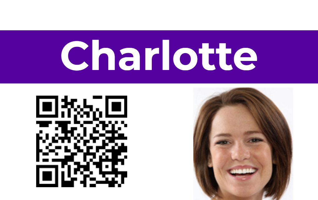Template ID card features a purple banner labeled "Charlotte," a QR code on the left, and a smiling woman with short brown hair on the right; durable PVC, waterproof