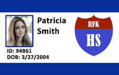 Template for a school ID card featuring student photo, name, ID number, RFK HS logo; durable PVC, wear resistant, clear overlay option