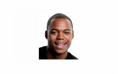 A template ID card features a young man with short hair smiling at the camera, wearing a black shirt against a white background. Waterproof and bend resistant
