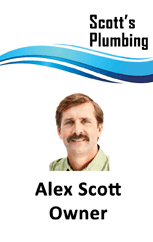Template ID badge showing a headshot of a man with brown hair and mustache, labeled Owner for Scotts Plumbing. Blue wave graphic above. Durable PVC, waterproof, clear overlay option