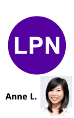 Template ID card featuring a purple circle with “LPN” in white above a portrait of a smiling woman with straight dark hair, wear resistant, NFC near-frequency field option