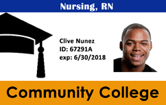 Template for a nursing student ID badge or ID card at Community College, featuring a photo, name, ID number, expiration date, and a durable PVC, wear resistant, waterproof design