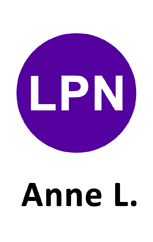 Template id badge featuring a purple circle with white letters LPN above a black name on a white backdrop; waterproof, wear resistant, durable PVC with clear overlay option