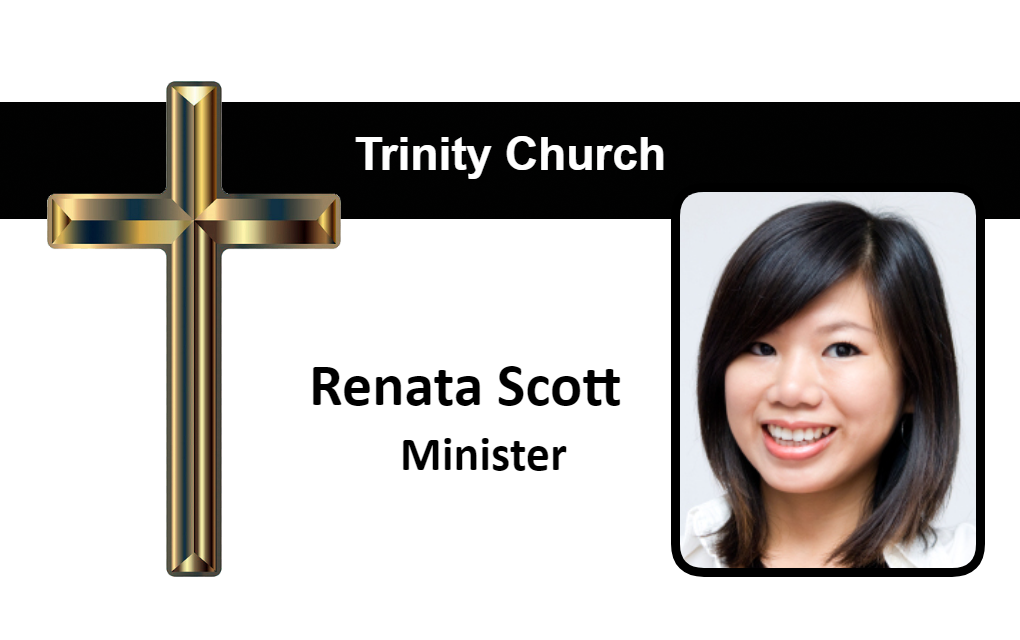 Template id badge featuring a gold cross, "Trinity Church" text, and a smiling woman labeled as Minister; 40mil thick option, wear resistant, waterproof
