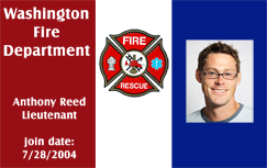 Template Washington Fire Department ID badge featuring a fire rescue emblem, photo of a smiling man, join date: 7/28/2004; waterproof, durable PVC, clear overlay option