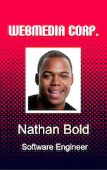 A WEBMEDIA CORP. ID badge template featuring a smiling man, title Software Engineer, with a red and black dotted background; durable PVC, clear overlay option, wear resistant